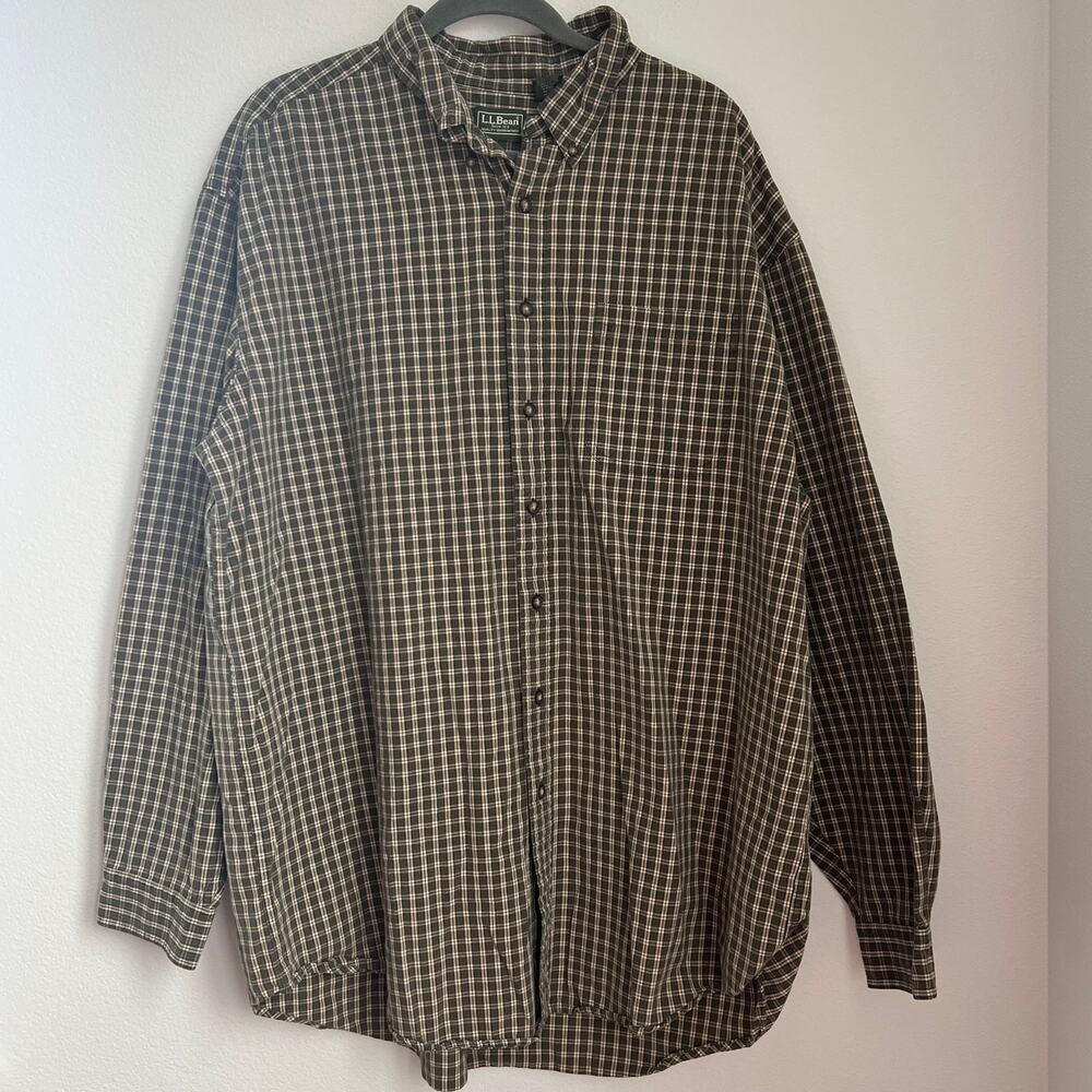 L.L.Bean Men's Green & Cream Long-Sleeve Button-Down Shirt XL Cabincore Workwear